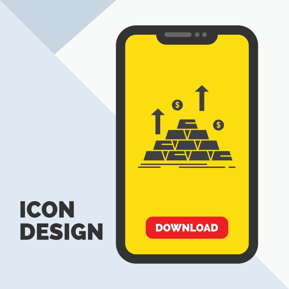 oro. moneda. dinero. dinero. icono de glifo de crecimiento en el móvil para la página de descarga. fondo amarillo vector