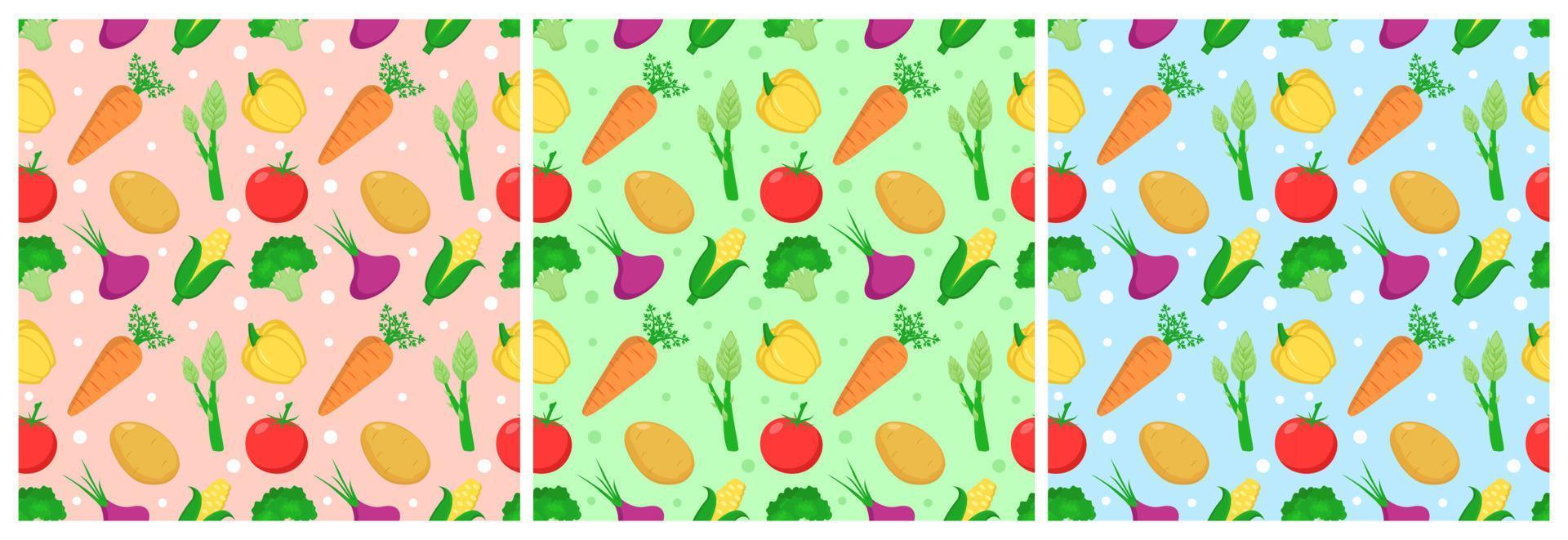 Set of Vegetarian, Fruit or Vegetables Seamless Pattern Design with Fresh, Organic and Natural Food in Hand Drawn Flat Cartoon Background Illustration vector