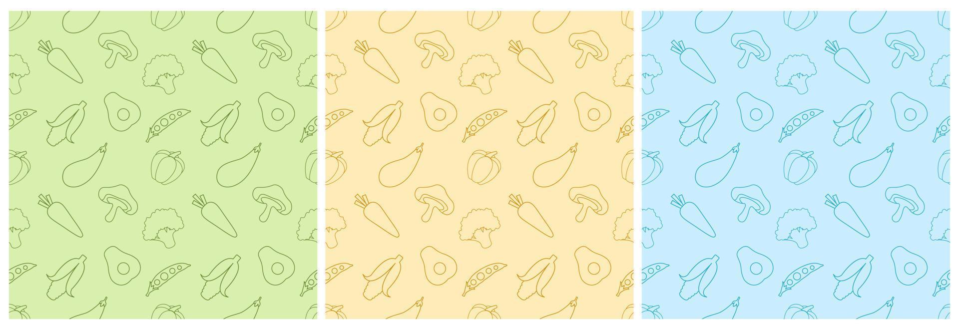 Set of Vegetarian, Fruit or Vegetables Seamless Pattern Design with Fresh, Organic and Natural Food in Hand Drawn Flat Cartoon Background Illustration vector