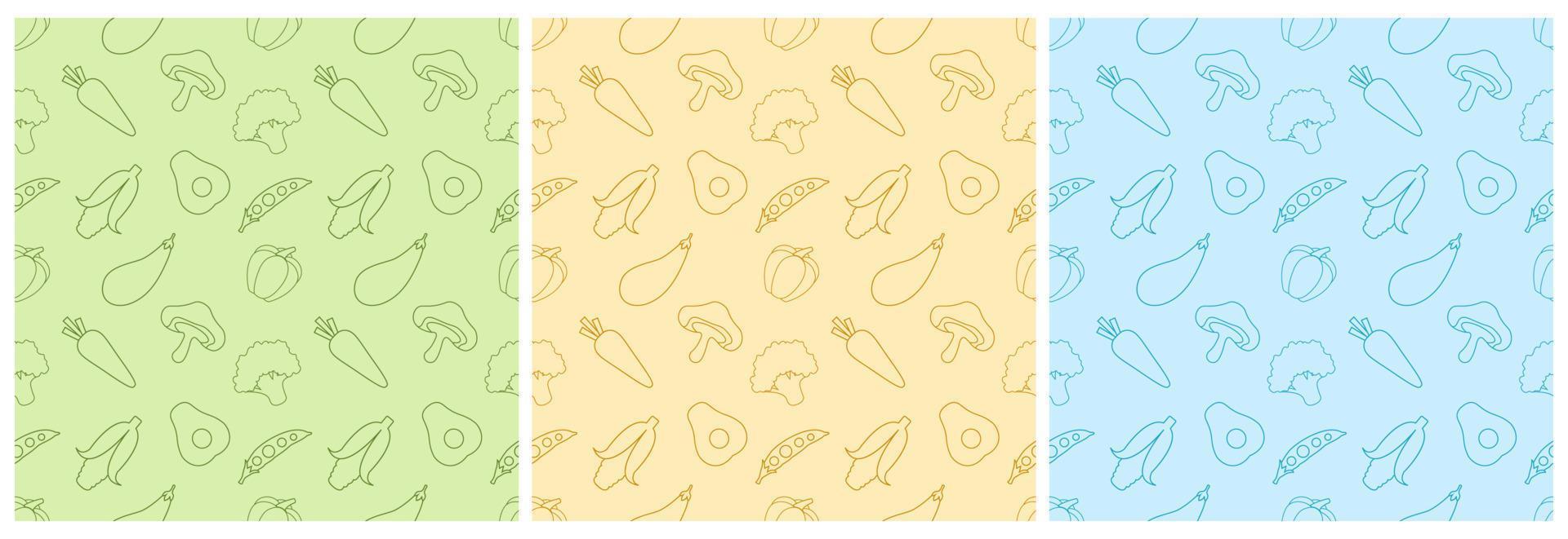 Set of Vegetarian, Fruit or Vegetables Seamless Pattern Design with Fresh, Organic and Natural Food in Hand Drawn Flat Cartoon Background Illustration vector