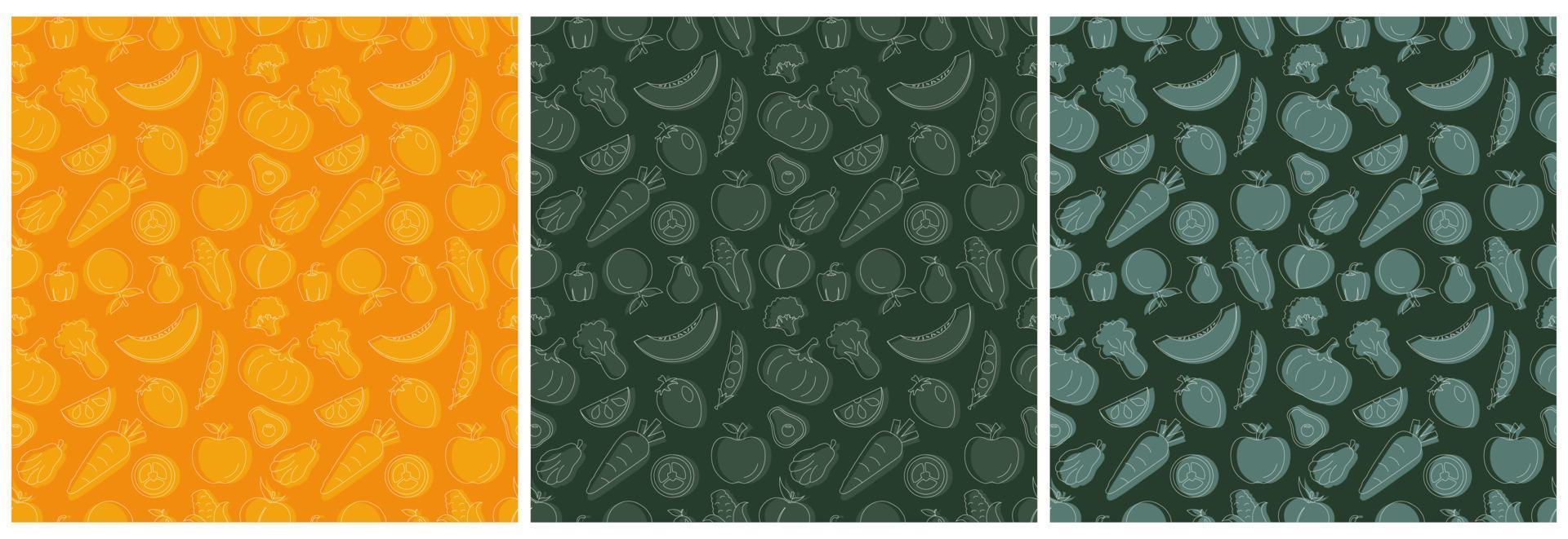 Set of Vegetarian, Fruit or Vegetables Seamless Pattern Design with Fresh, Organic and Natural Food in Hand Drawn Flat Cartoon Background Illustration vector