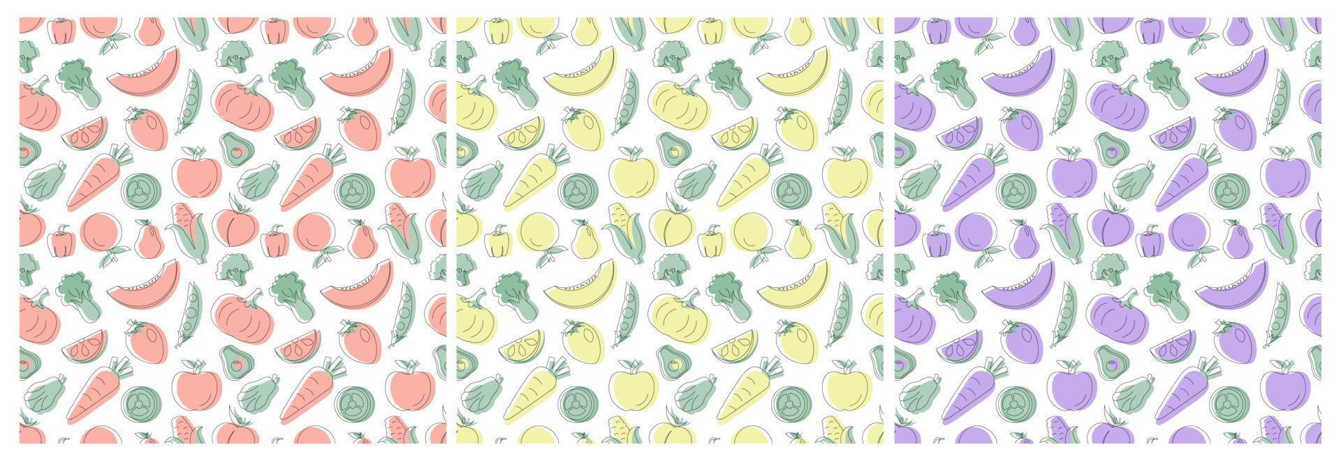 Set of Vegetarian, Fruit or Vegetables Seamless Pattern Design with Fresh, Organic and Natural Food in Hand Drawn Flat Cartoon Background Illustration vector