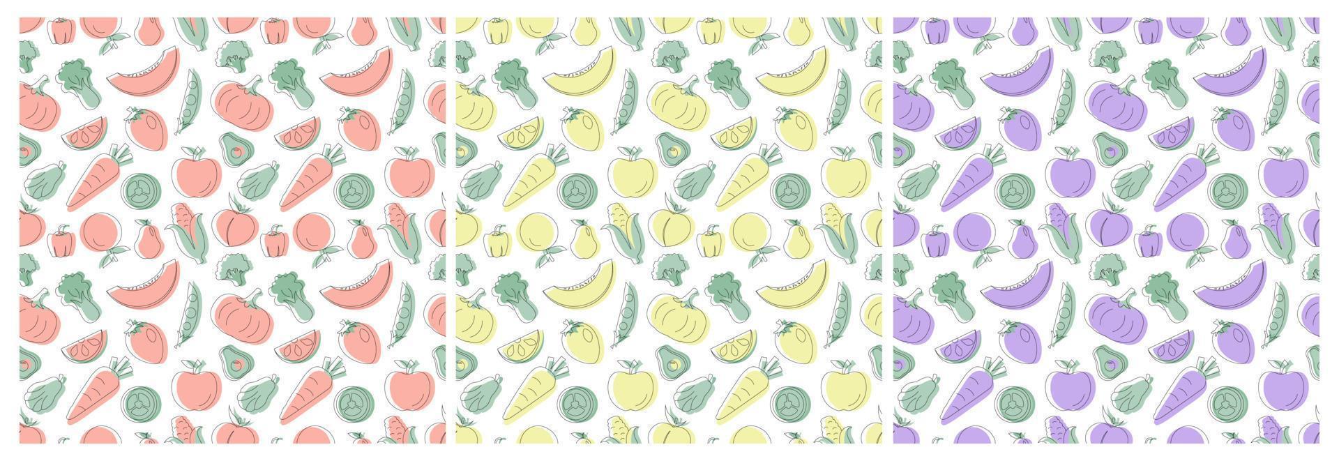 Set of Vegetarian, Fruit or Vegetables Seamless Pattern Design with Fresh, Organic and Natural Food in Hand Drawn Flat Cartoon Background Illustration vector