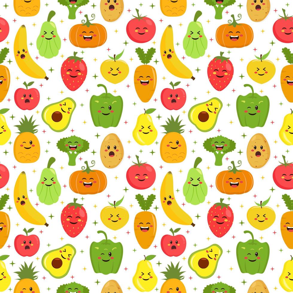 Vegetarian, Fruit and Vegetables Seamless Pattern Design with Fresh, Organic and Natural Food in Hand Drawn Flat Cartoon Background Illustration vector