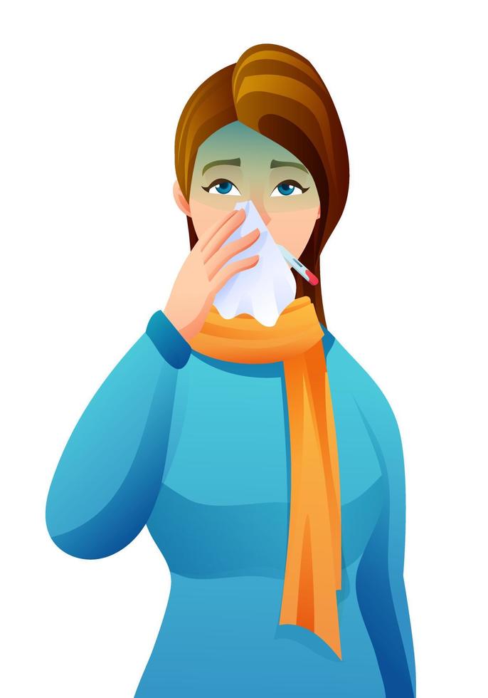 Sick woman has running nose and feels uncomfortable cartoon illustration vector