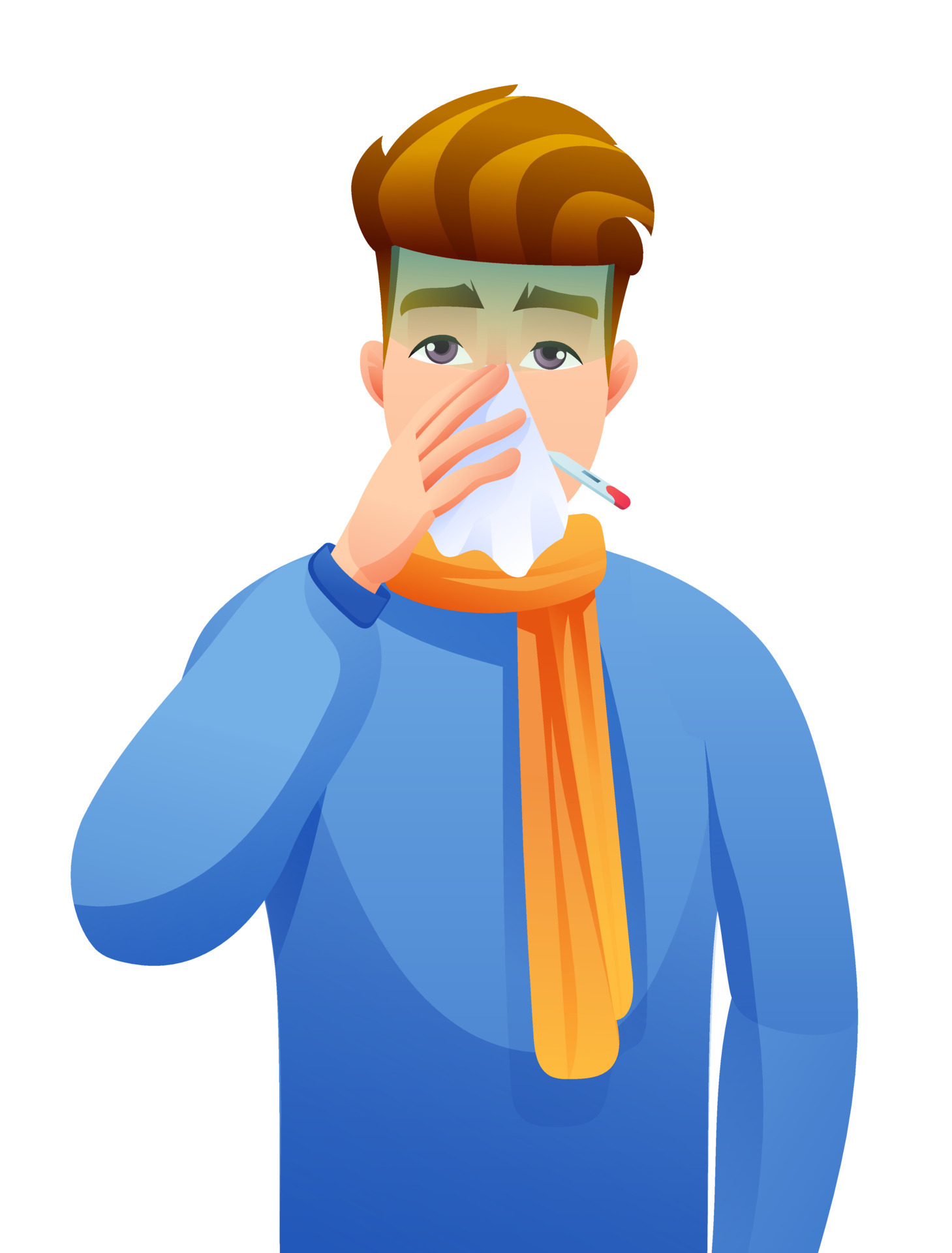 Sick man has running nose and feels uncomfortable. A guy has a bad fever  cartoon illustration 12853787 Vector Art at Vecteezy