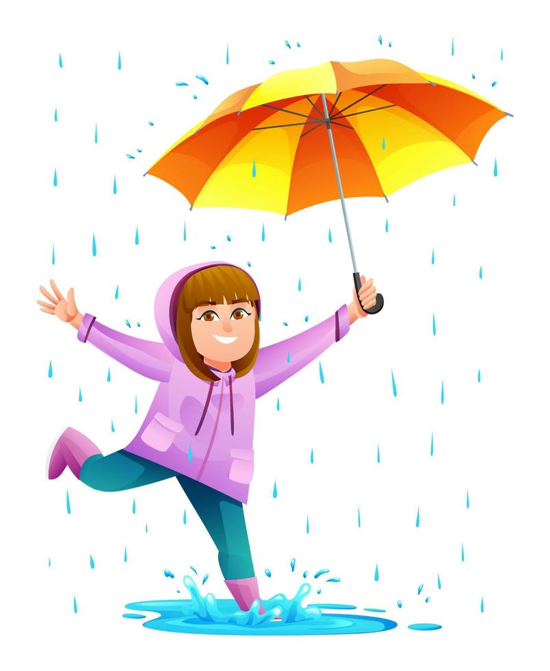 chica alegre con paraguas jugando charco bajo la lluvia ilustración de dibujos animados vector