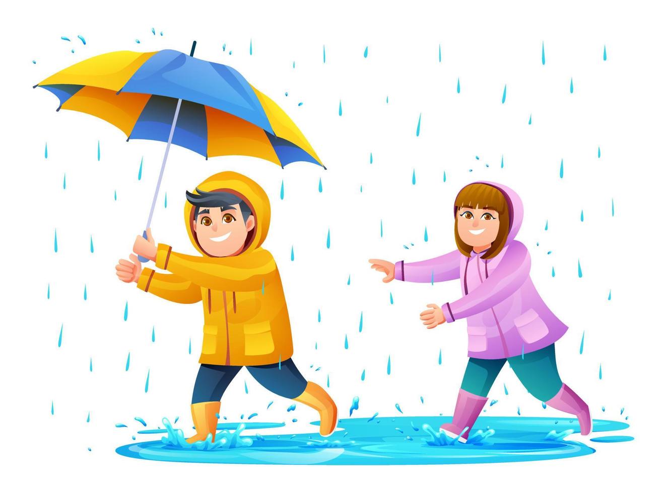 feliz niño y niña jugando bajo la lluvia ilustración de dibujos animados vector