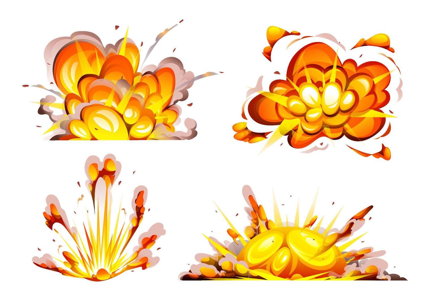 Set of bomb explosion with smoke, flame and particles isolated cartoon illustration vector