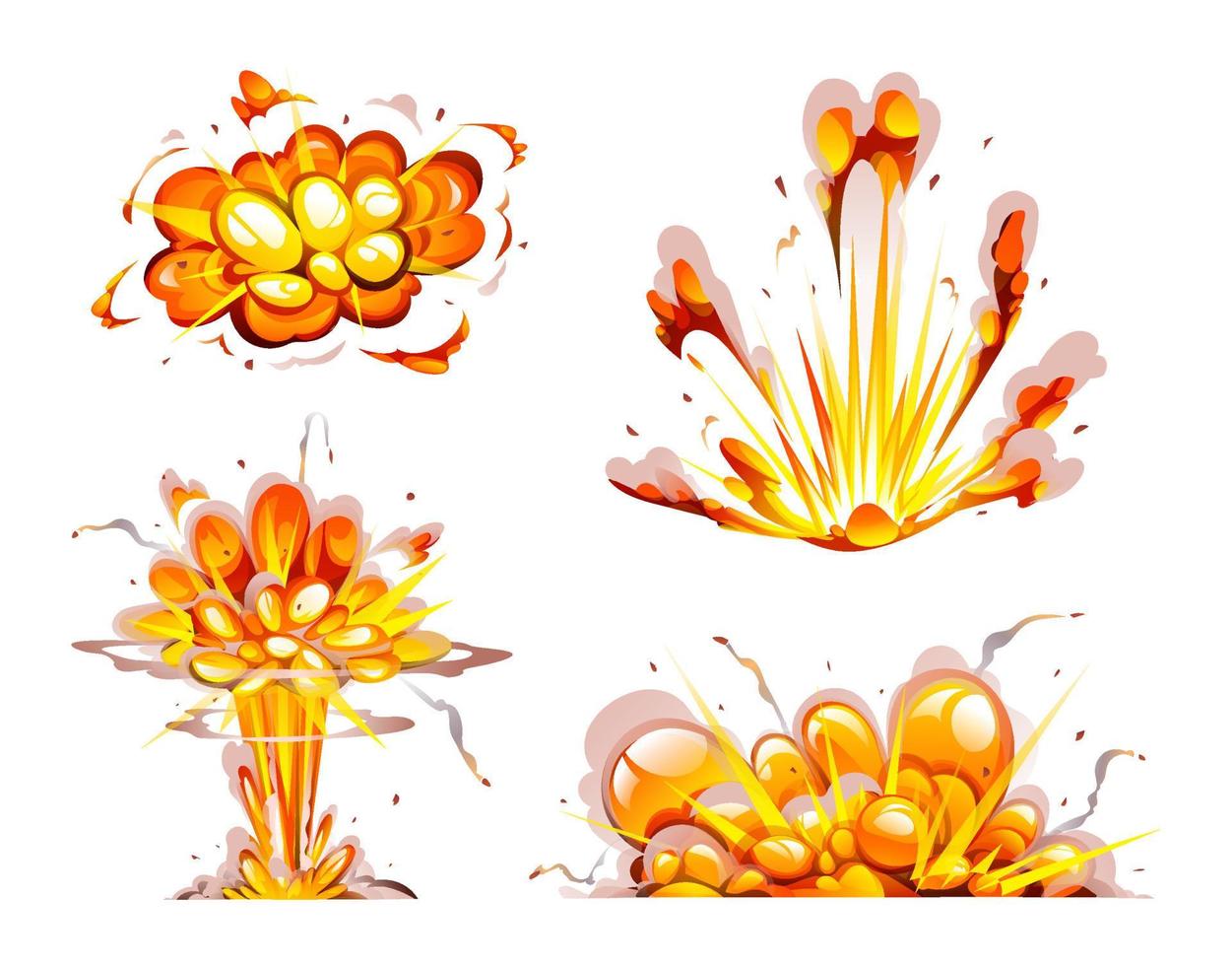 Bomb explosion vector set. Atomic explosion with smoke, flame and particles cartoon illustration