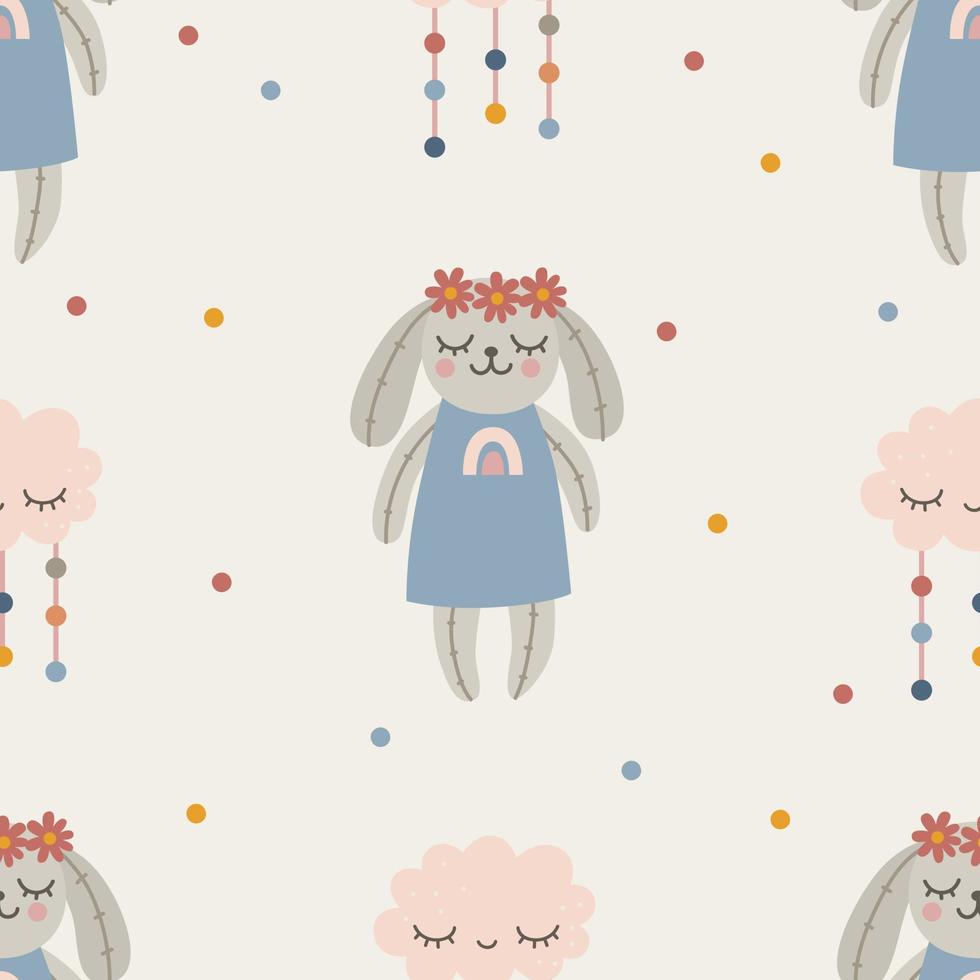 Seamless pattern with toy rabbit and cloud in boho style. Vector illustration