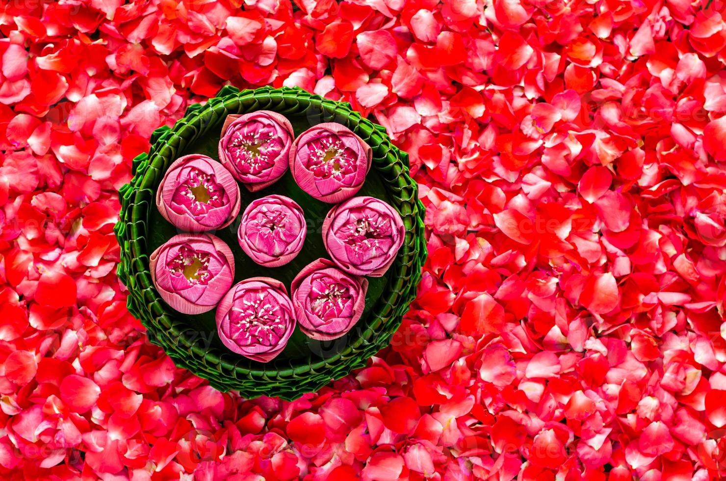 Banana leaf Krathong with lotus flowers for Thailand Full moon or Loy Krathong festival on red rose petals background. photo