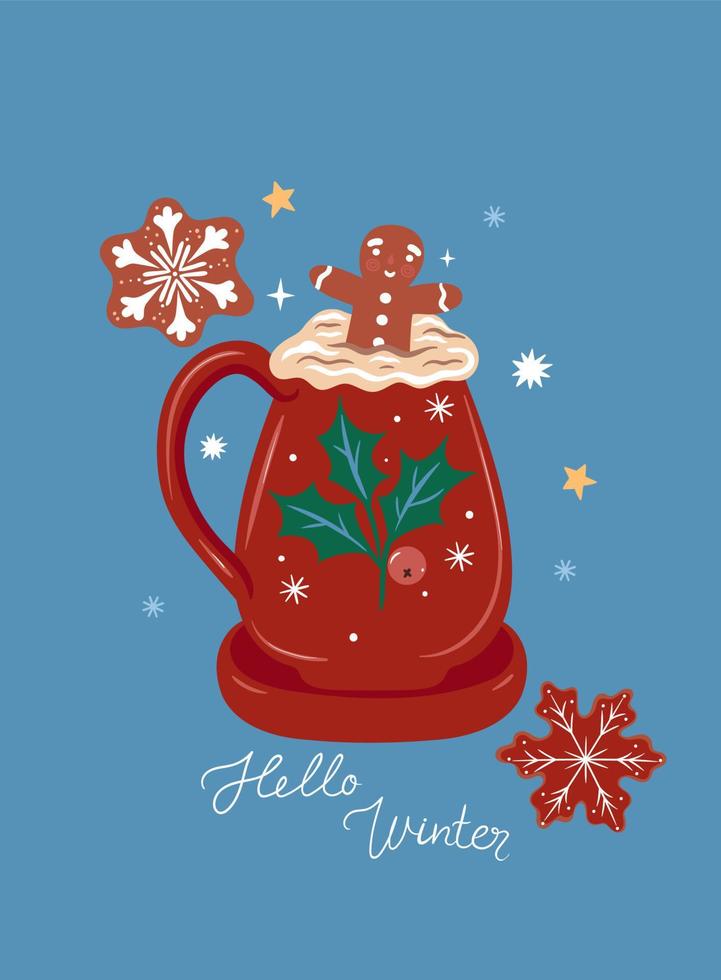 Postcard with winter holiday hot drink. Vector graphics.