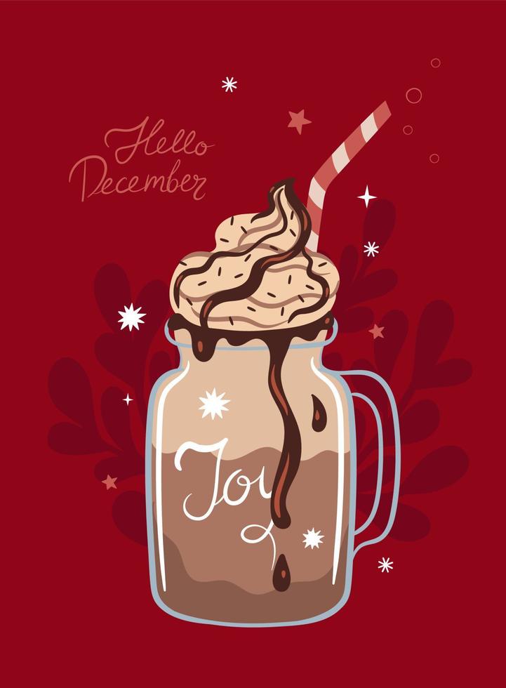 Postcard with winter holiday hot drink. Vector graphics.