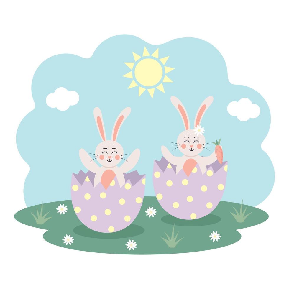 Cute bunnies sitting into eggs on the meadow. Spring greeting card. Easter holiday. vector