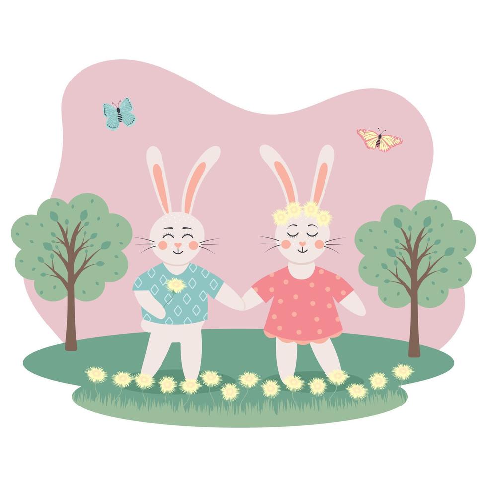 lindos conejitos enamorados en el prado con dientes de león y mariposas. tarjeta de felicitación de primavera. vector