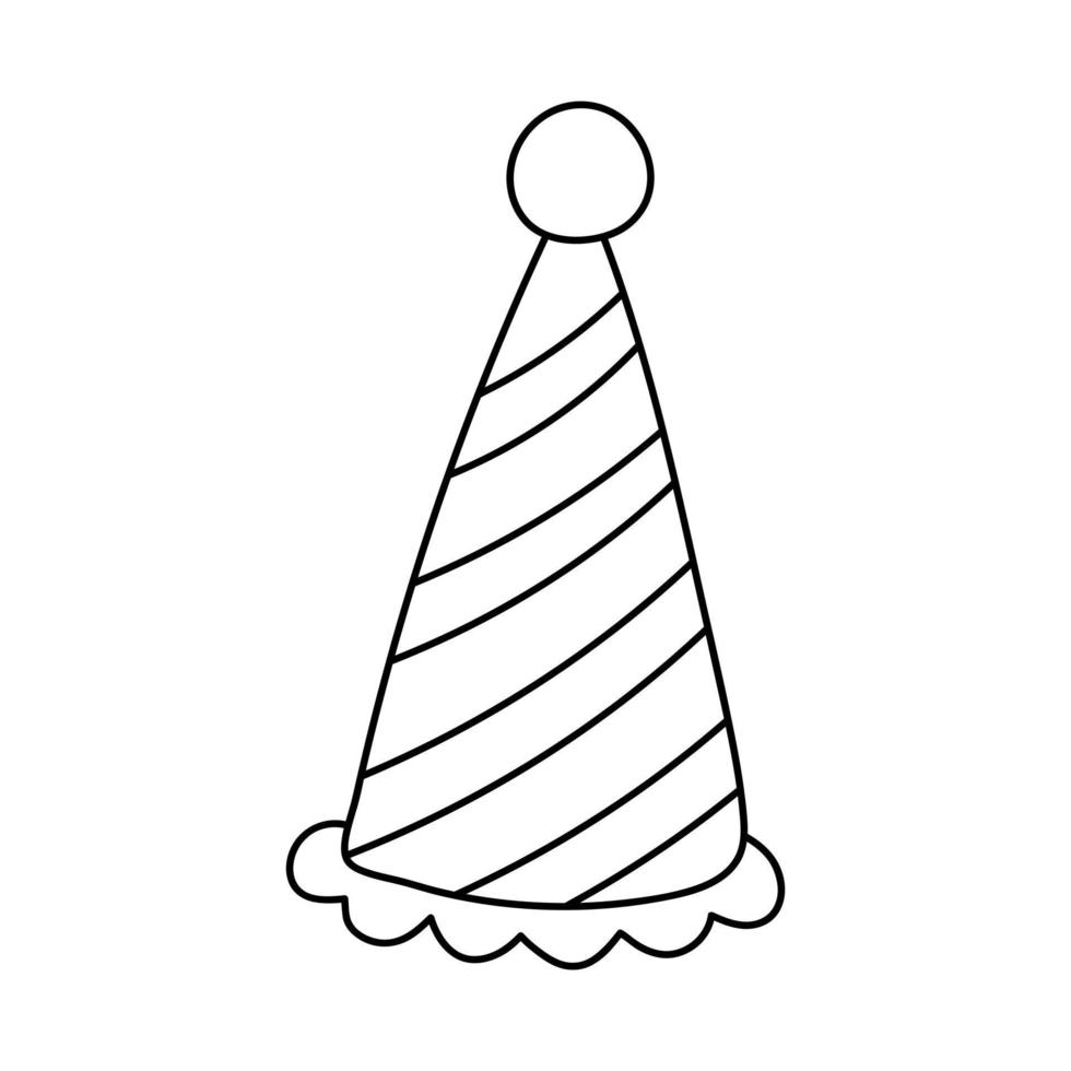 Party hat in doodle style. Conical birthday striped hat with bubo. Black and white vector illustration for coloring book.
