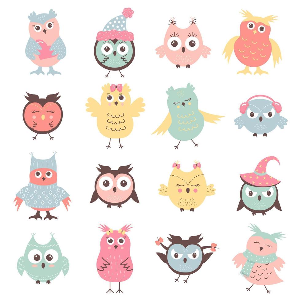 Cute owls set in different clothes and poses. Scandinavian boho cartoon characters. vector