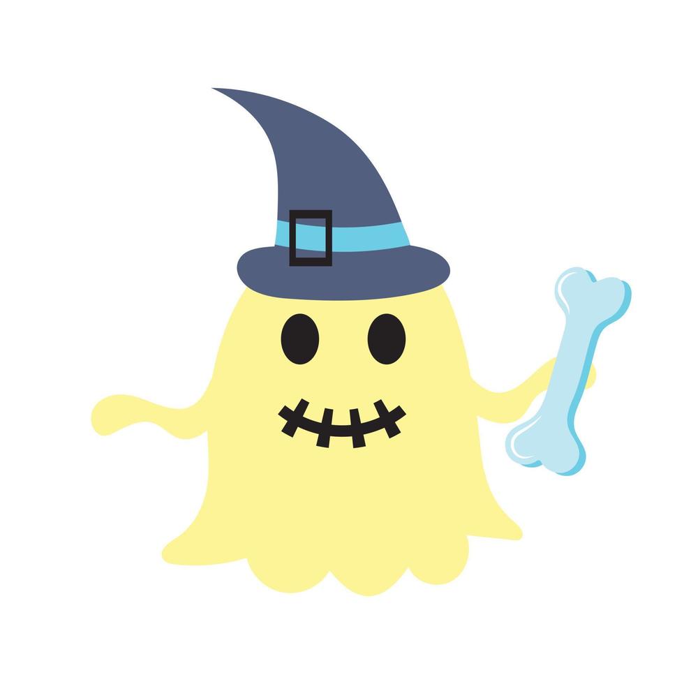 Cute Halloween ghost in a hat holding bone. vector