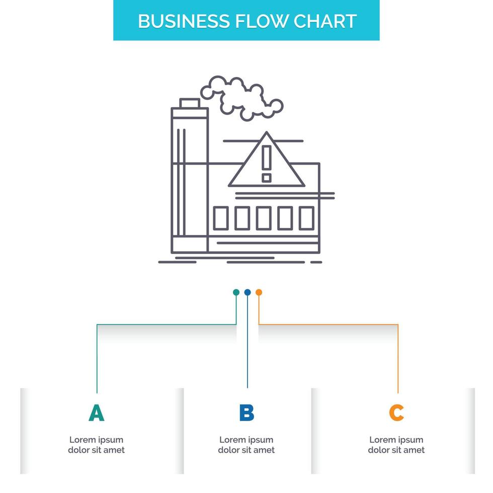 contaminación. fábrica. aire. alerta. diseño de diagrama de flujo de negocios de la industria con 3 pasos. icono de línea para el lugar de plantilla de fondo de presentación para texto vector