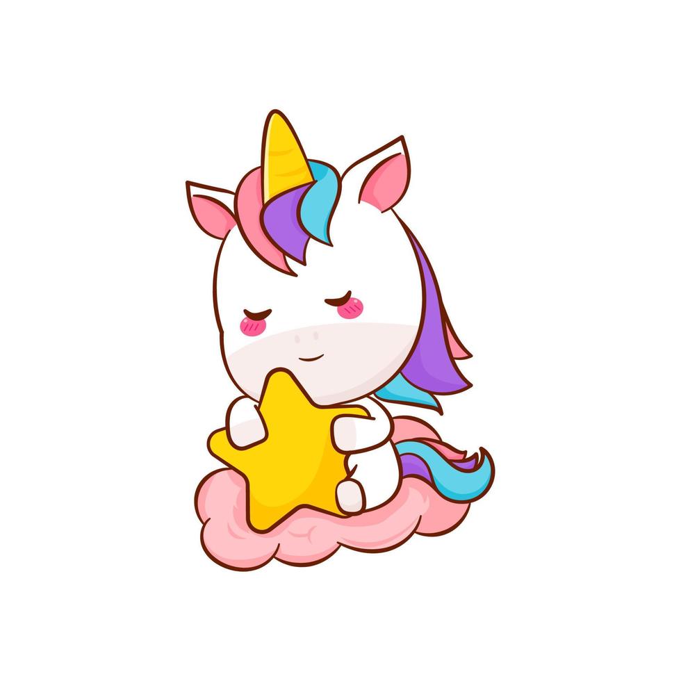 Cute magical unicorn cartoon sleeping above clouds vector. Pony pegasus cartoon kawaii animal. Isolated on a white background. vector