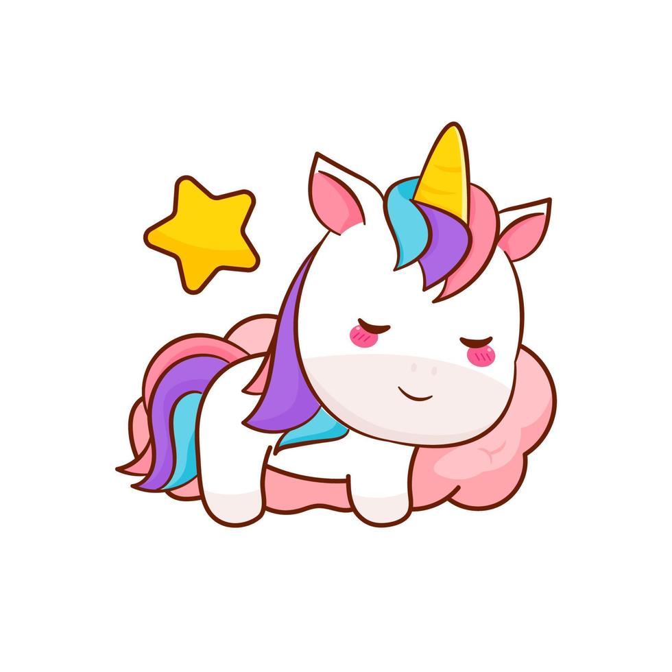 Cute magical unicorn cartoon sleeping above clouds vector. Pony pegasus cartoon kawaii animal. Isolated on a white background. vector