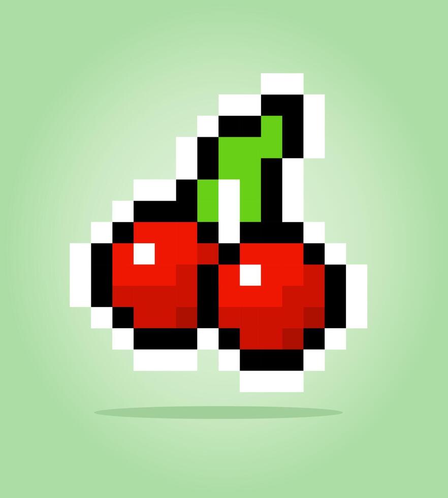 Pixel 8 bit cherry. fruits for game assets in vector illustration.