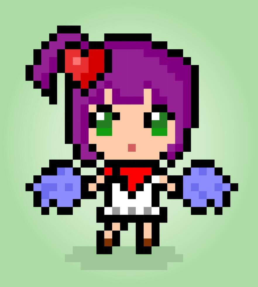 Pixel 8 bit cheerleader. girl pixels for game assets in vector illustration.