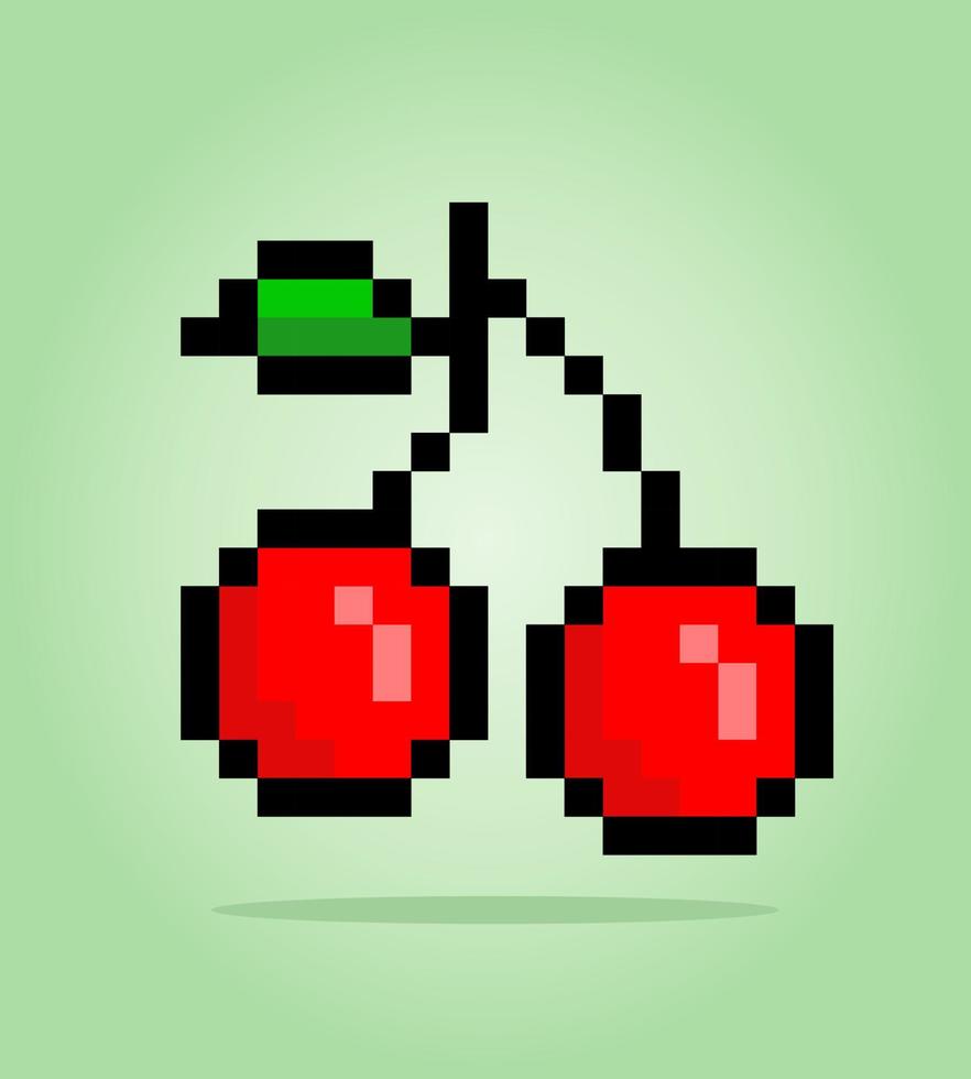 Pixel 8 bit cherry. fruits for game assets in vector illustration.