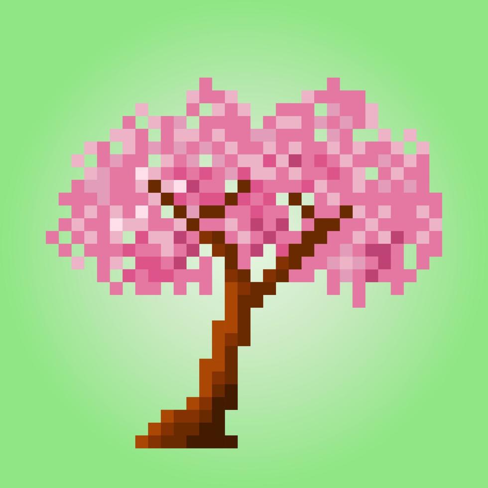 Cherry blossoms 8 bit pixels. tree for game assets in vector illustration.