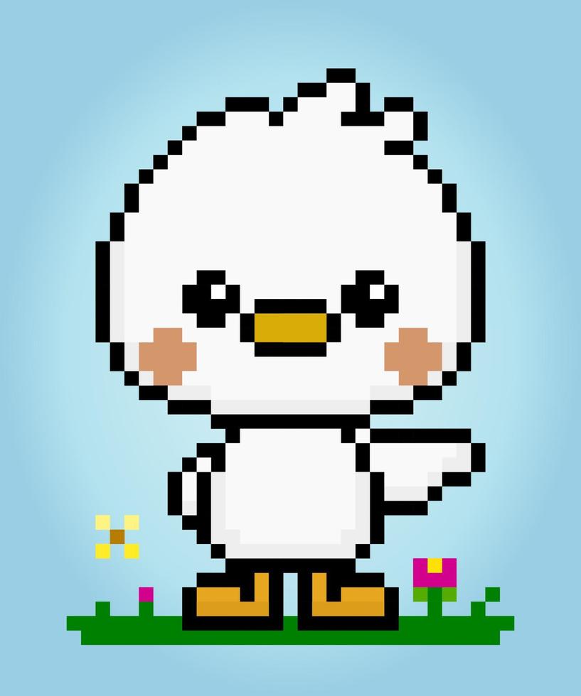 8 bit pixel Chicken character. Animal for game assets in vector illustration.