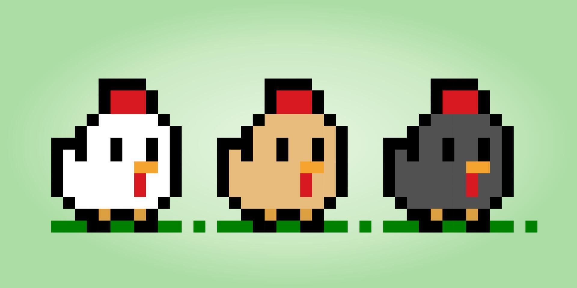 8 bit pixel chicken collection. Animals for game assets in vector illustration.