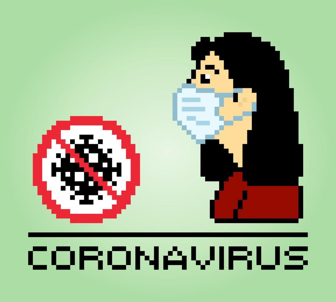 Girl with 8 bit pixel medical mask. People in pairs for game assets in vector illustration.