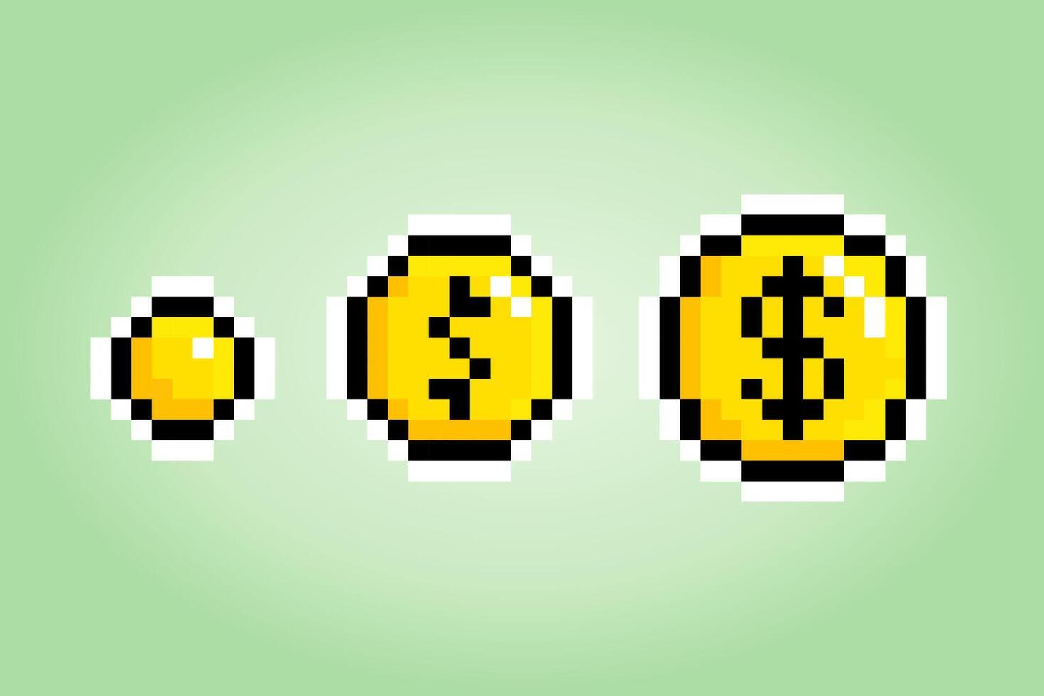 collection of gold coins in pixel art. for 8 bit games. vector