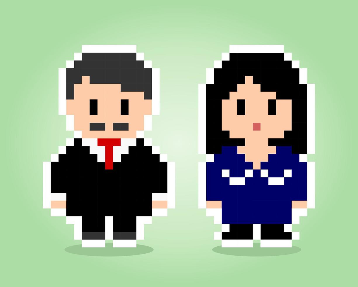 Male and female 8 bit pixels. People in pairs for game assets in vector illustration.