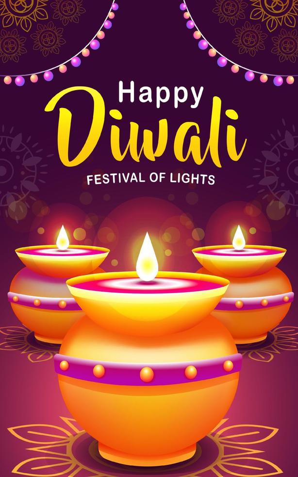 feliz festival de luces de diwali, ilustración de portavelas de tarro de arcilla con hermosa luz. adecuado para eventos vector