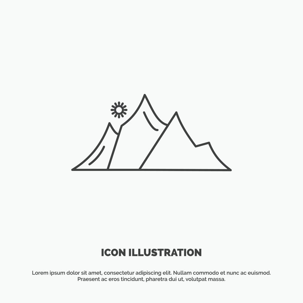 Cerro. paisaje. naturaleza. montaña. icono del sol. símbolo gris vectorial de línea para ui y ux. sitio web o aplicación móvil vector