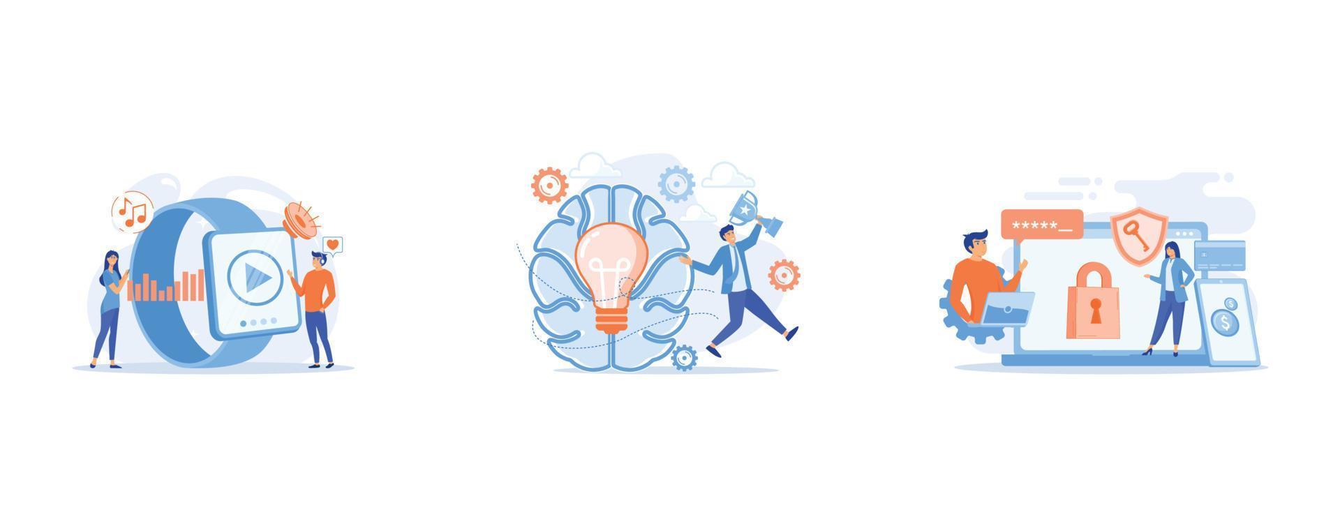 Users listening and huge smartwatch with player icon, Brain with bulb and user jumps carrying cup, Developers work on cyber security program, set flat vector modern illustration