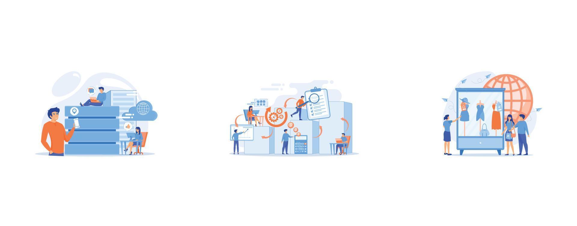 Internet users with proxy server using big data, Workforce organization and management, Recyclable and eco textile, set flat vector modern illustration