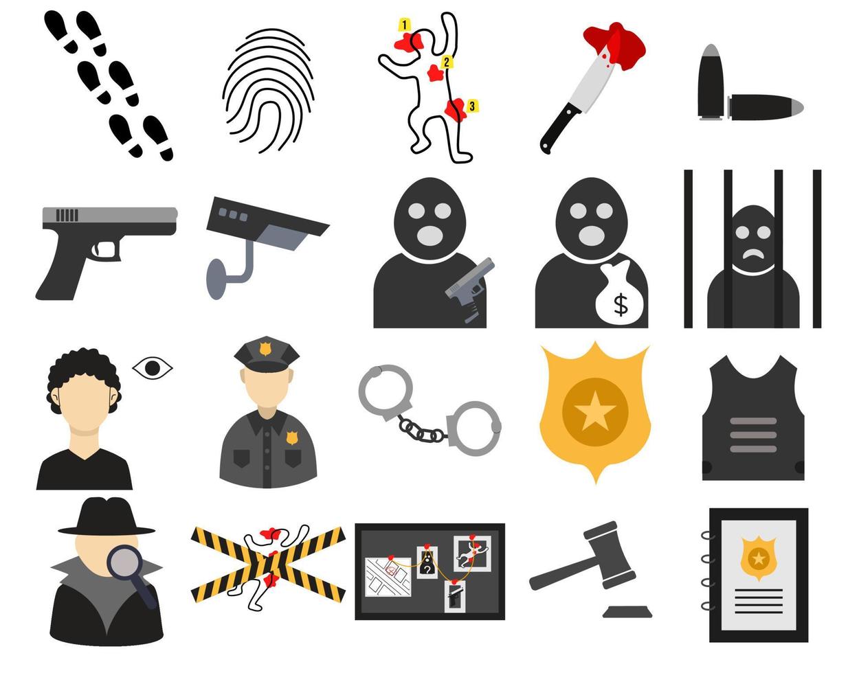 conjunto de iconos de investigaciones criminales. colección de íconos planos como huellas dactilares, huellas, oficial de policía, escena del crimen, robo, terrorista, esposas, detective, pistola y otros vector