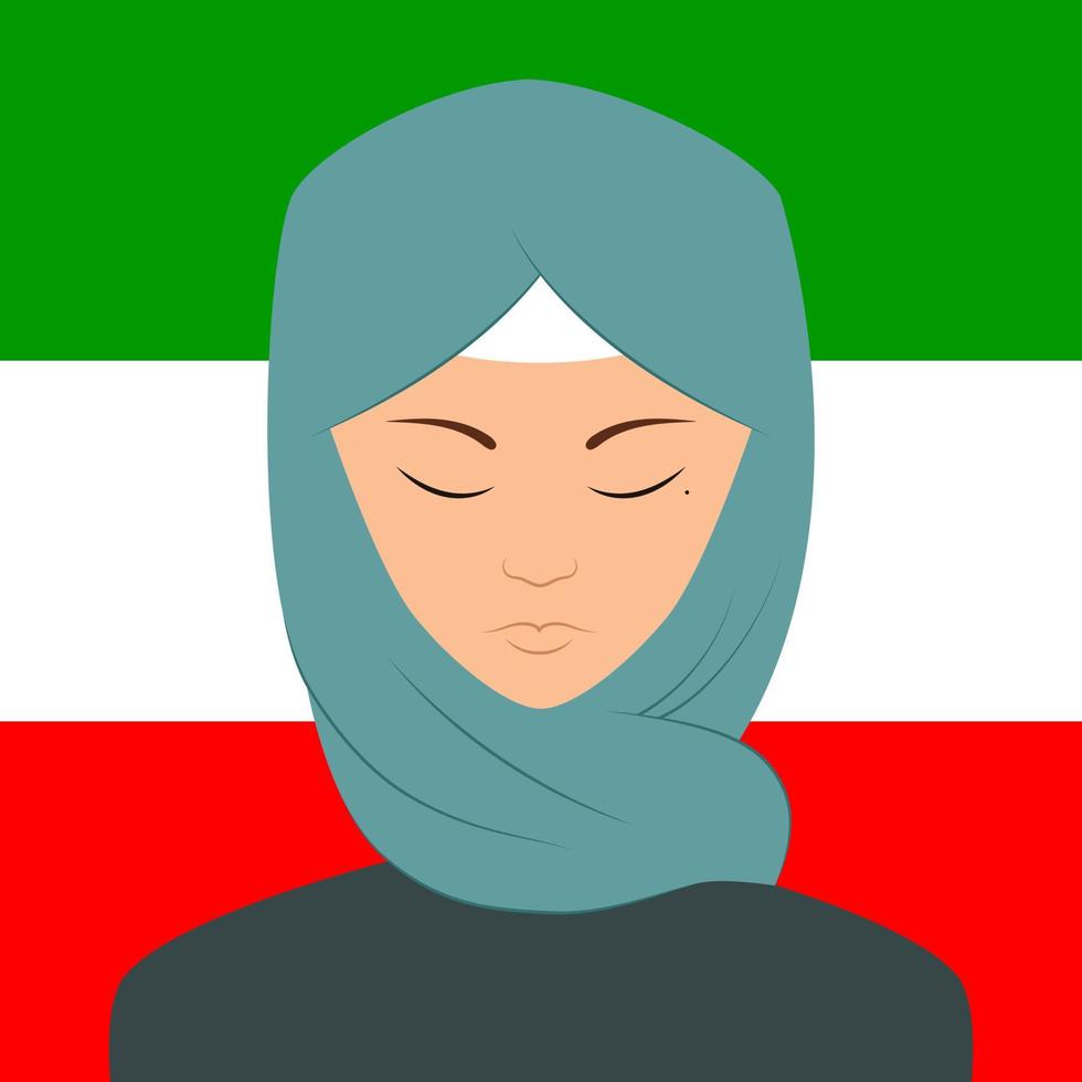 Portrait of a woman. Blue Hijab. Iranian flag. A woman with a mole. vector