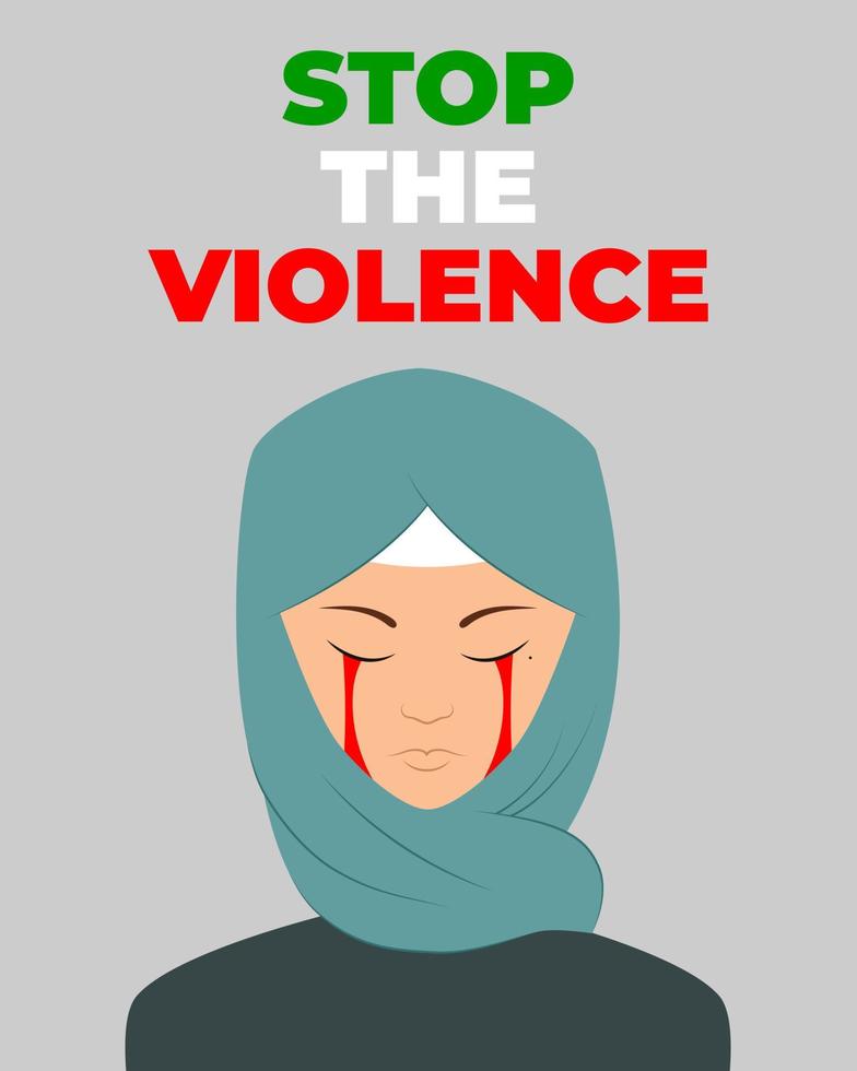 Poster Stop the Violence. Bloody tears. Iran protests. Freedom. Stop violence. A woman with a mole. Blue Hijab. vector