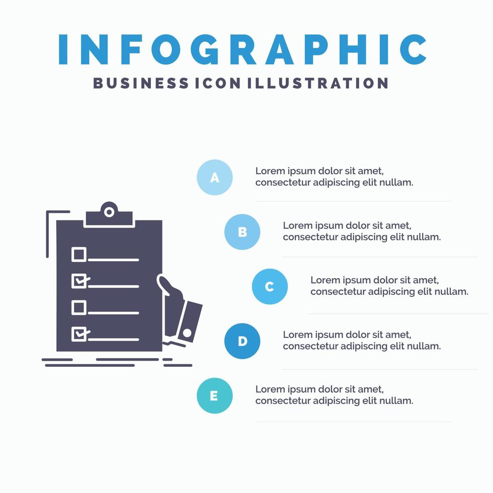 Lista de Verificación. controlar. pericia. lista. plantilla de infografía portapapeles para sitio web y presentación. icono de glifo gris con ilustración de vector de estilo infográfico azul.