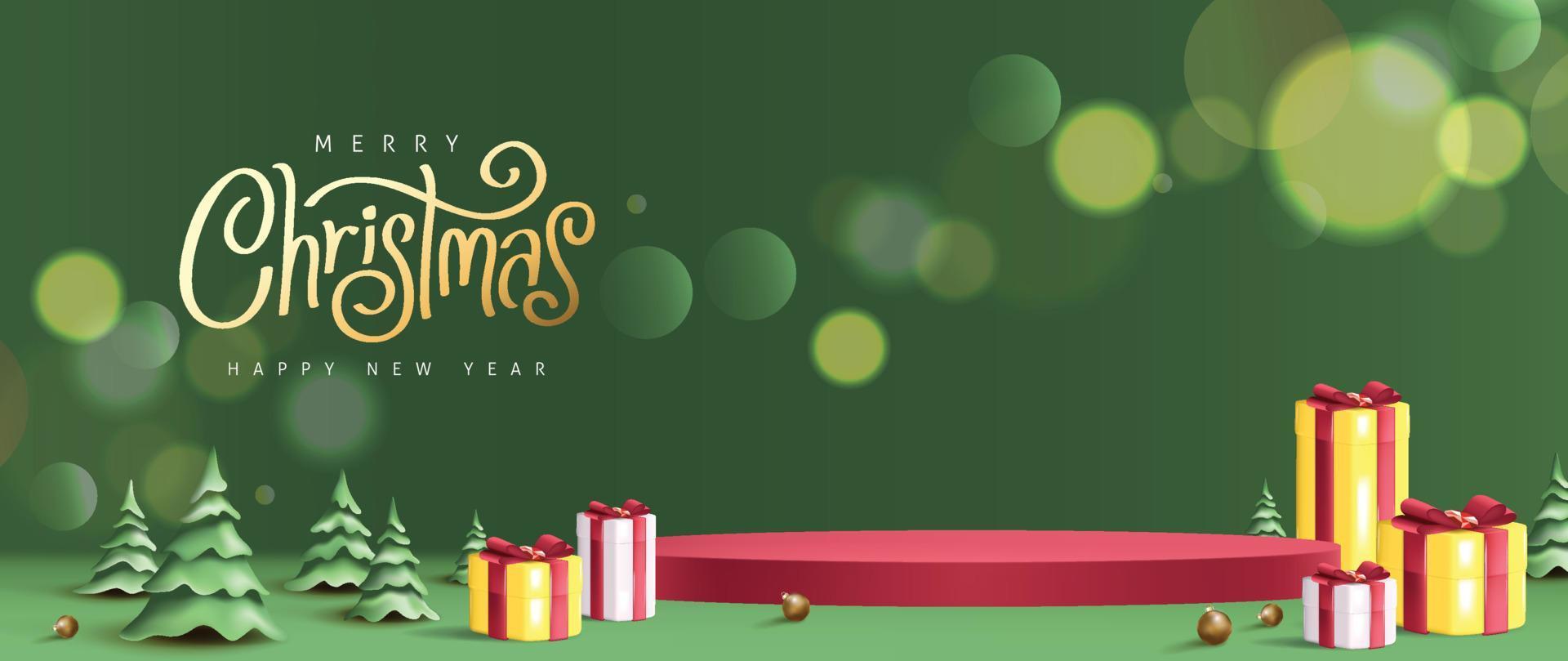 banner de feliz navidad con forma cilíndrica de exhibición de productos y caja de regalo decoración de lazo rojo fondo verde vector