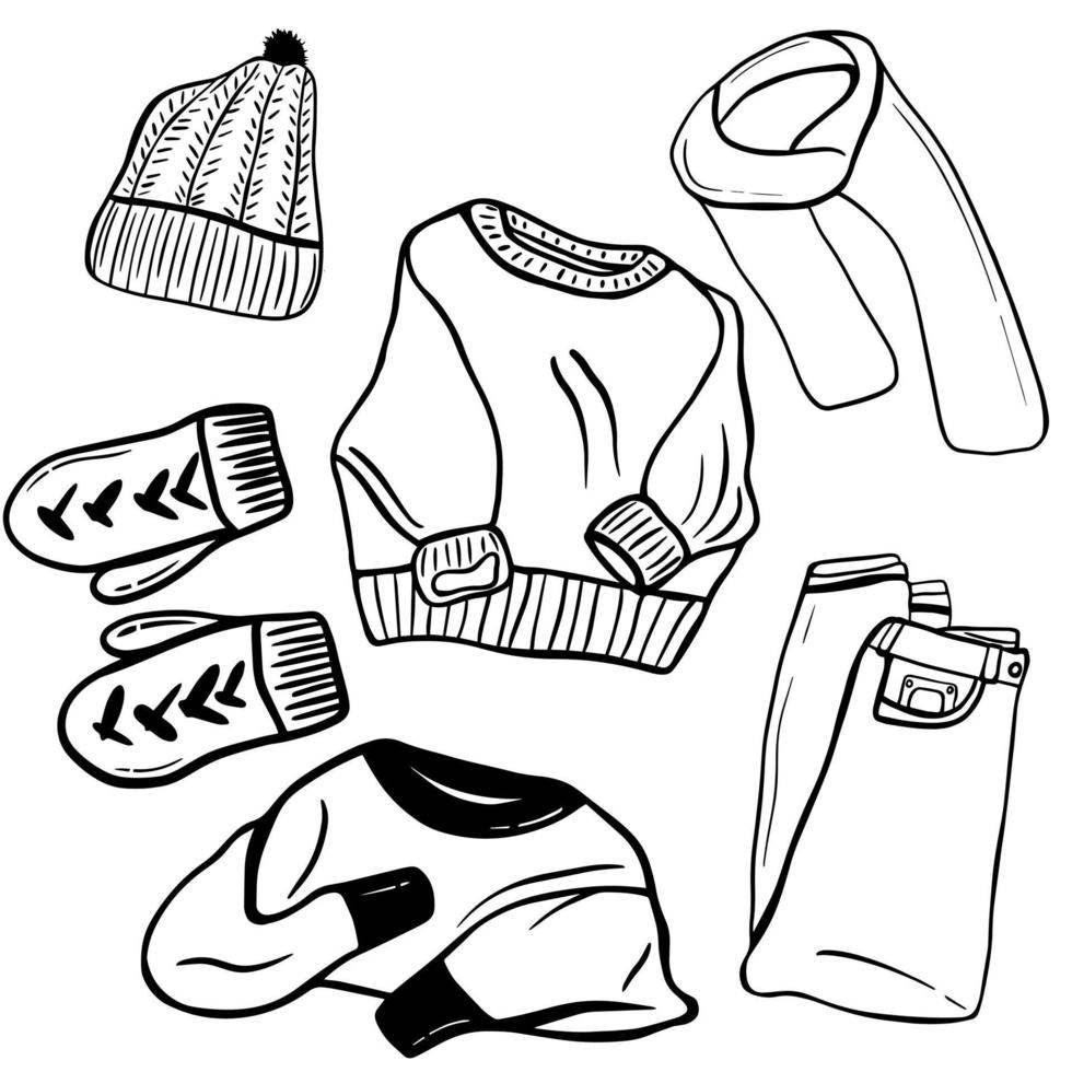 Black doodle set of warm clothes. Hand-drawn clothes illustration. kit of cozy clothes vector