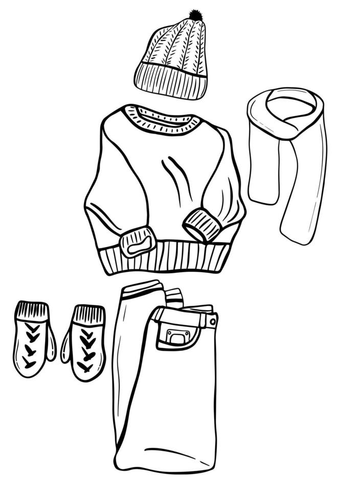 Black doodle set of warm clothes. Hand-drawn clothes illustration. kit of cozy clothes vector