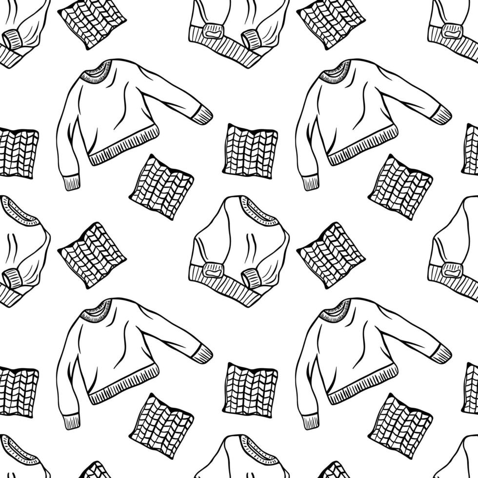 Black doodle pattern of sweaters and pillows. Hand-drawn clothes illustration. seamless pattern vector