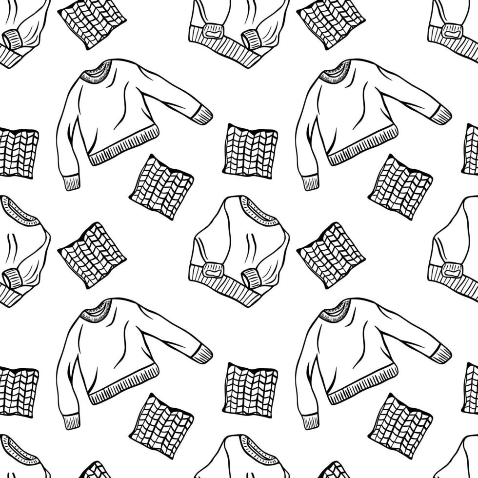 Black doodle pattern of sweaters and pillows. Hand-drawn clothes illustration. seamless pattern vector