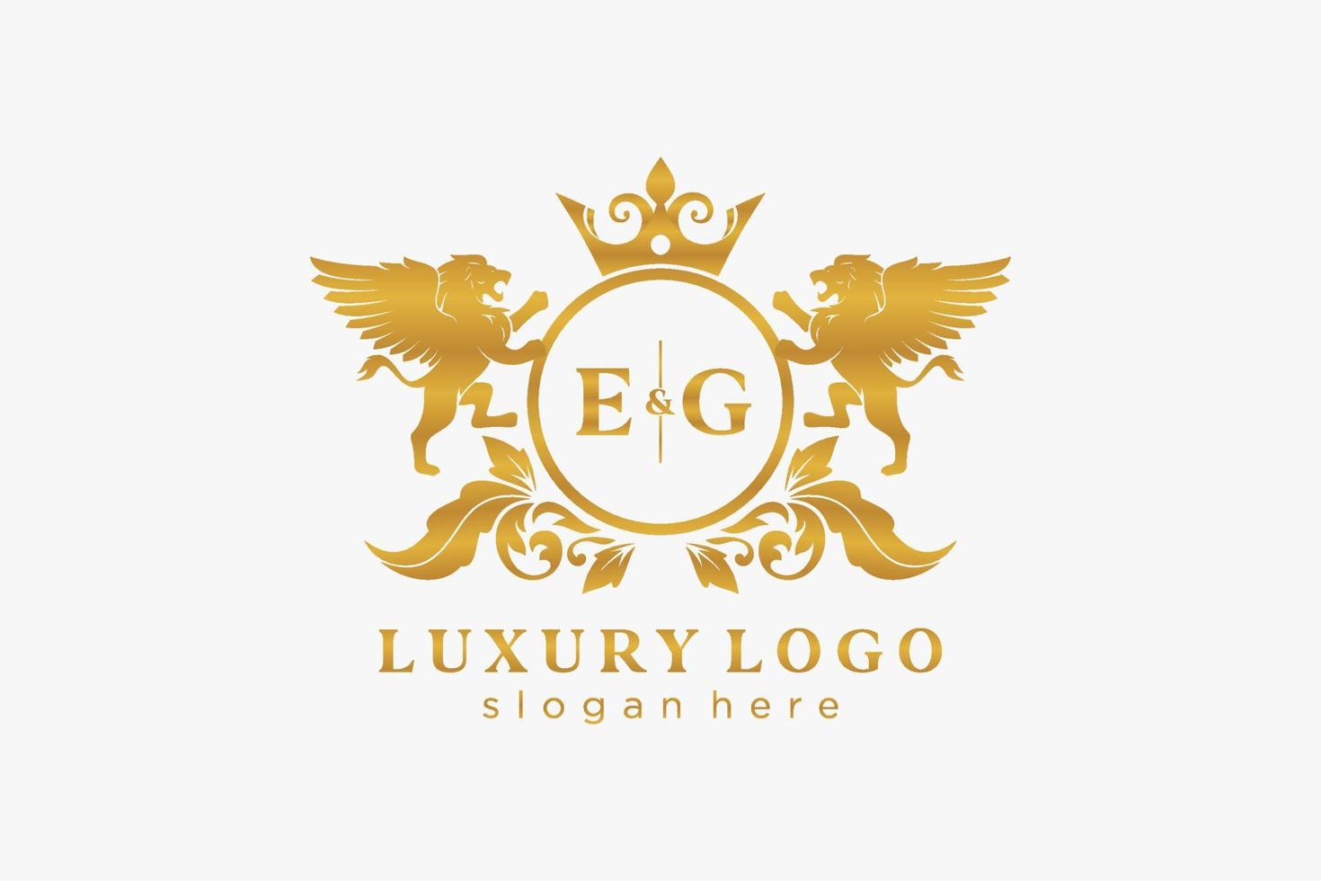 Initial EG Letter Lion Royal Luxury Logo template in vector art for Restaurant, Royalty, Boutique, Cafe, Hotel, Heraldic, Jewelry, Fashion and other vector illustration.