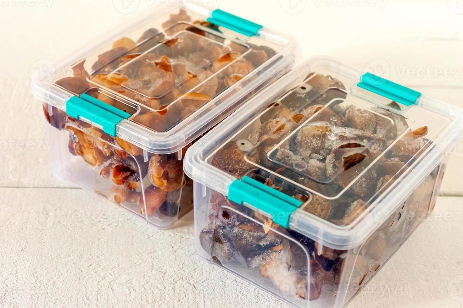 Semi-finished products. Frozen food. Agaric of honey mushrooms in plastic containers. Food preparation for winter. photo